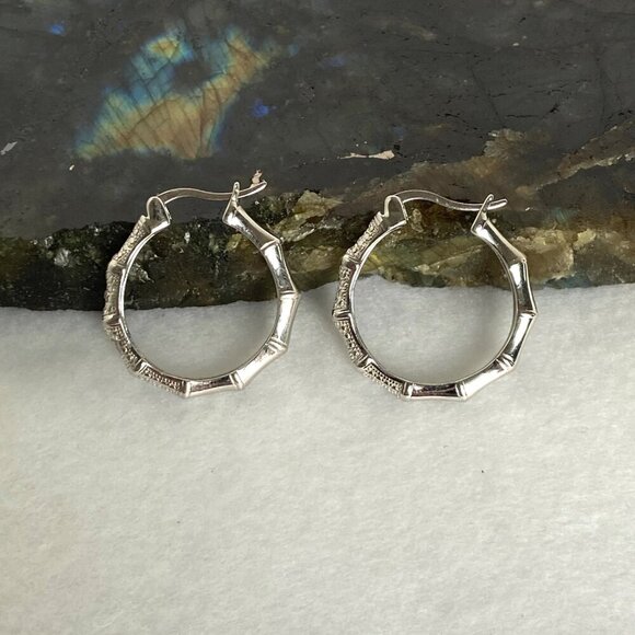Sterling Silver 925 DBJ Bamboo Style Single Diamond Hoop Earrings MISSING STONE - Picture 7 of 16
